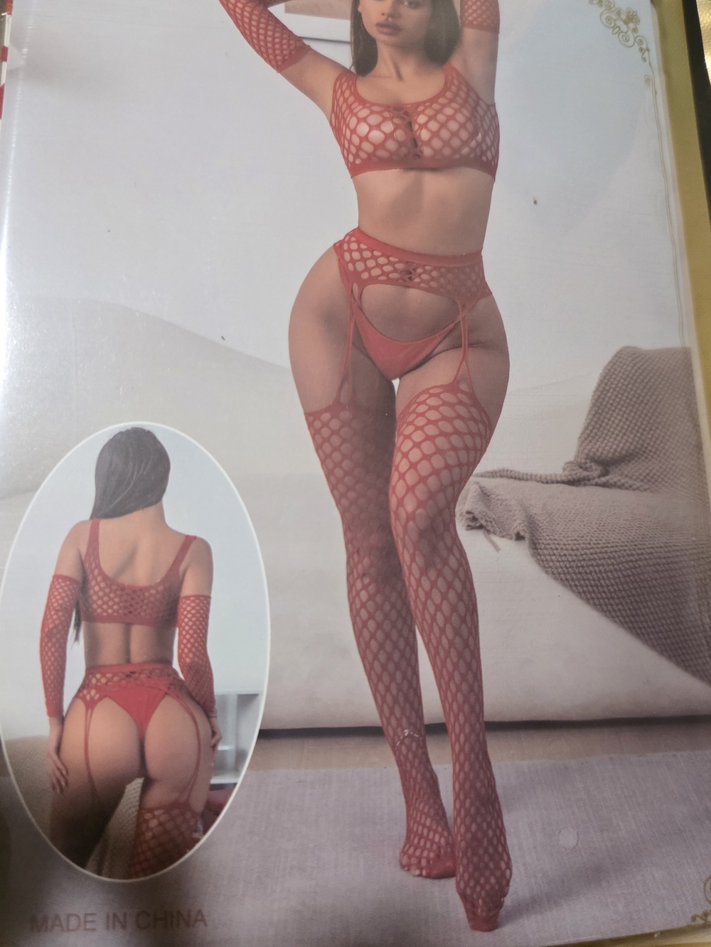 Red Fishnet Garter Lingerie Set